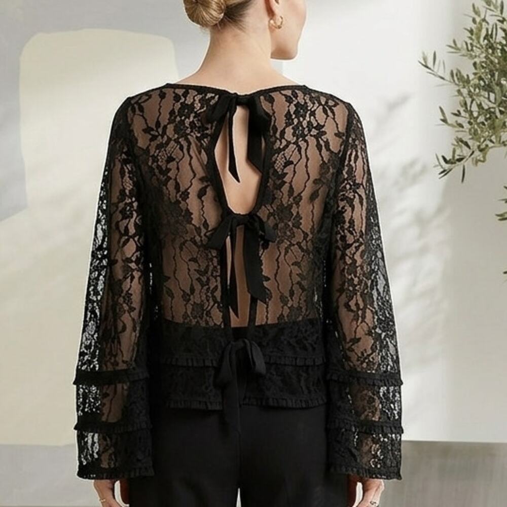 Express Black Floral Whimsical Goth Lace Bell Open Back Romantic Blouse Size S